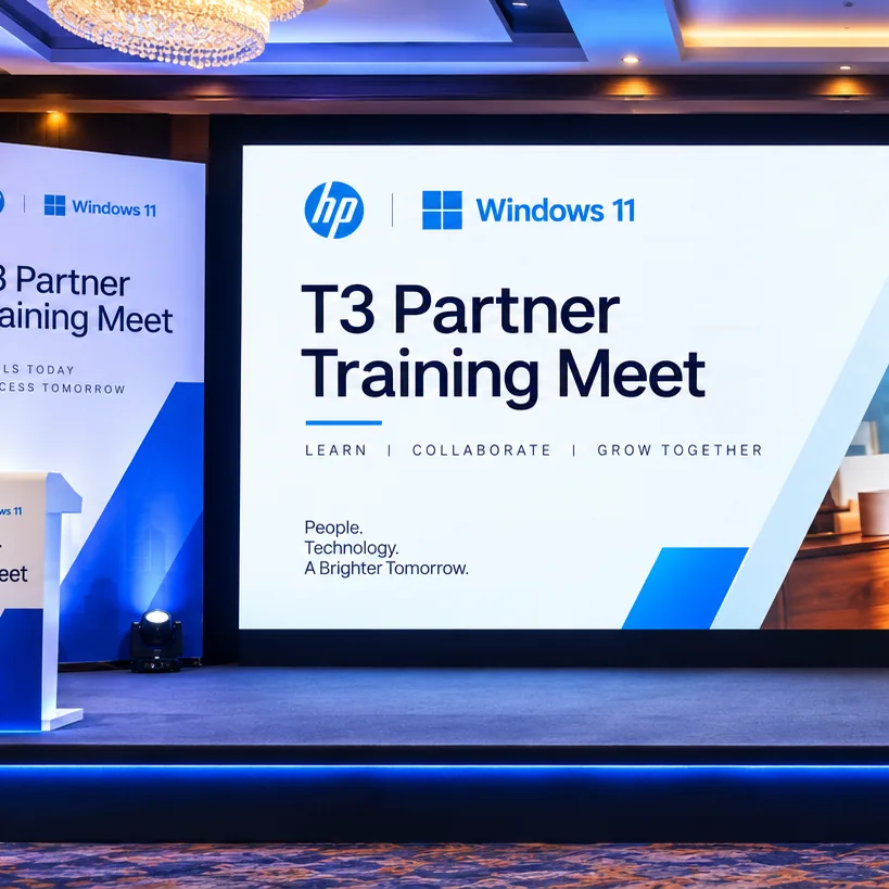 Branded LED stage set for the HP and Windows 11 T3 Partner Training Meet, with podium and standees by RAW Group
